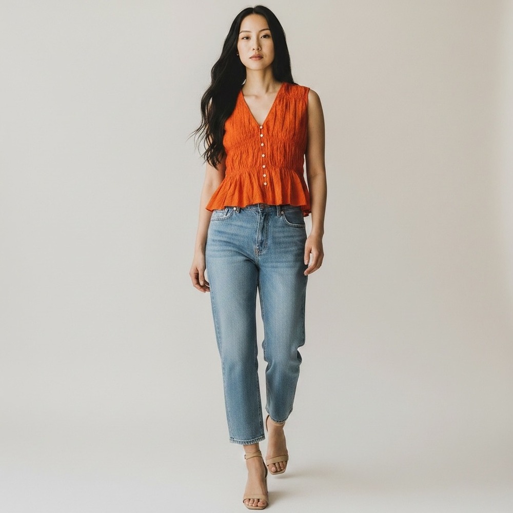 FRAME Ruched Crinked V-Neck Peplum Sleeveless Top Women L Orange NWT MSRP $299